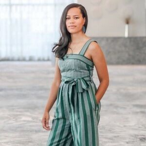 Payal Pratap Anthropologie Pleated Green Stripe Linen Jumpsuit Wide Leg Sz. 2